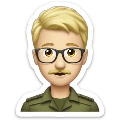 a young boy with short militar blonde hair with transparent white glasses and mostache, he is a hacker sticker