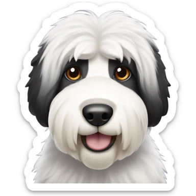 Old English sheepdog with a face that’s half black and half white. More black on left side than previous generation. Longer ears only one eye is black sticker