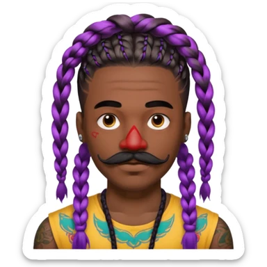big lose braids starting from the top of the head man with mustache face wiith big visible braids and lots and lots of colored face tattoos colored tattoos like a tattoo artist hair unique color sticker