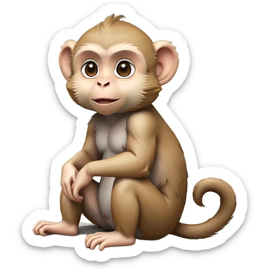 cinematic-cute macaque-realistic-full-body-sitting-emoji,-compact-muscular-frame-poised-on-a-rocky-outcrop,-short-curled-tail-resting-behind,-head-tilted-dramatically,-thick-dense-fur-in-warm-shades-of-brown-and-grey,-expressive-eyes-filled-with sticker