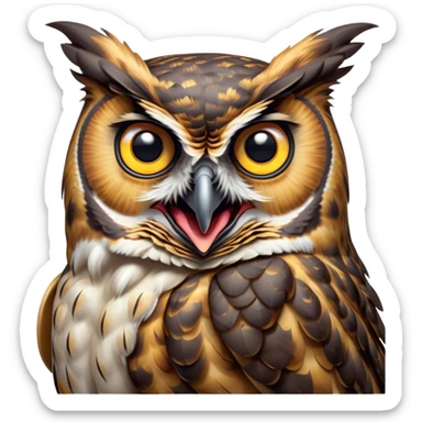 Cinematic Comical Great Horned Owl Portrait Emoji, Head tilted dramatically with an exaggeratedly amused expression, featuring a strikingly patterned mottled plumage with bold contrasts, wide, expressive golden eyes filled with playful disbelief, Simplified yet hilariously expressive features, highly detailed, glowing with a slightly sassy glow, high shine, dramatic yet playful, stylized with an air of cheeky nocturnal mischief, bright and endearing, soft glowing outline, capturing the essence of a spirited and over-the-top owl, so meme-worthy it feels like it could hoot its way into internet fame instantly! sticker