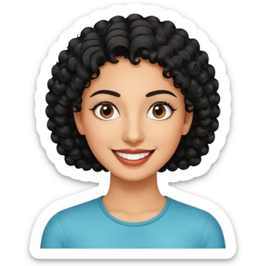 30 year old iranian woman very short curly black hair, big brown eyes, tanned skin, big smile, white teeth, pretty, stylish, shorter hair, boy cut hair sticker