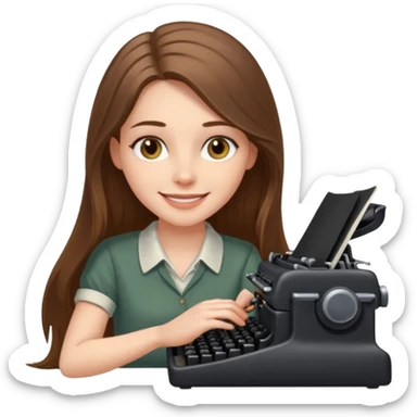 smiling white long brunette hair girl with hazel eyes laying typing on a typewriter sticker