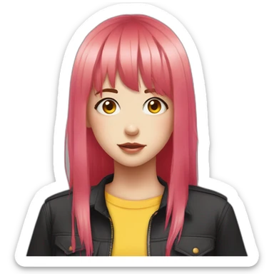 (gril) makima from the manga chainsawman with pink/red hair fringe, yellow eyes with a circle inside and a black shirt sticker