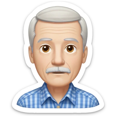 Thin elderly man with light skin. Elongated face with kind expression. Light brown eyes. Thin eyebrows. White goatee and white mustache. Fine straight gray-white hair with bangs, hair is long and goes past his ears. Slim build. Wearing a blue and beige checkered button-up shirt. sticker