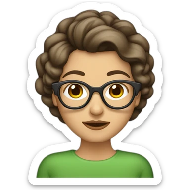 Mujer de mediana edad con ojos verdes, el pelo muy corto, peinafo moderno,castaño, canas en el flequillo y gafas rojas sticker