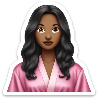 Mixed raced woman with long black hair wearing a silk pink Victoria’s Secret robe sticker