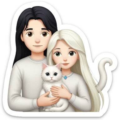 A boy and a girl with long black hair holding a white long-haired cat sticker