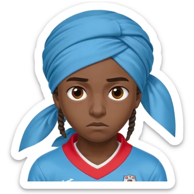 "- nam
- 17 tuổi
- Da nâu
- Tóc Dreadlock lọn bé, đội khăn xanh nước biển
- mặt khó chịu, mắt to
- Mặc áo bóng đá màu đỏ sticker