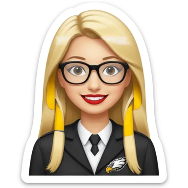 long blonde straight hair, black rectangle glasses, smiling, lipstick, full length eagles uniform, 33 sticker