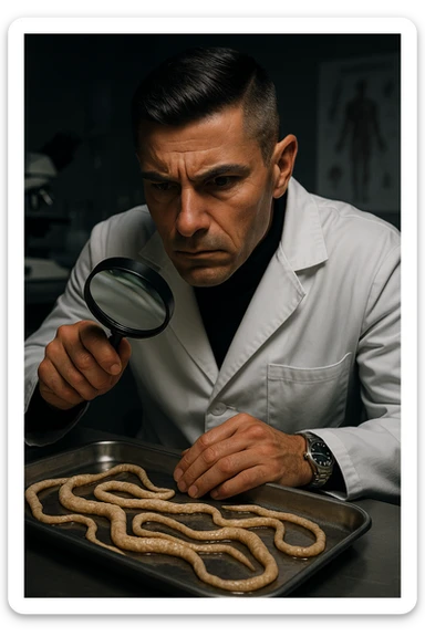 A middle-aged male kinesiologist wearing a pristine white lab coat, intensely analyzing long, beige tapeworms (like Taenia) under a magnifying glass. His expression is focused and slightly concerned, with dramatic studio lighting casting sharp shadows. The parasites are highly detailed, moist, and textured, stretched across a sterile metal tray. The background is blurred but suggests a clinical environment—hints of a microscope, medical charts, and clean lab equipment. The style is hyper-realistic, with a cinematic contrast between the bright white coat and the grotesque, organic forms of the parasites. No sci-fi elements, just raw medical realism with a disturbing edge sticker