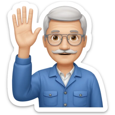 60 yr man with partially gray hair, mustache, light glasses, work clotheswaving hello sticker