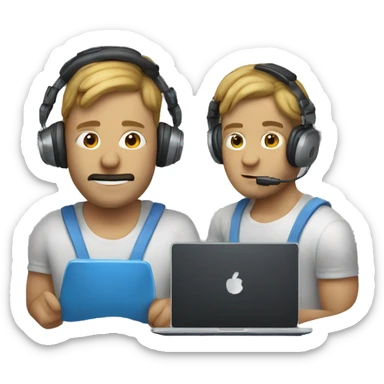 man in headphones talking hold laptop and phone only upper part of body  sticker