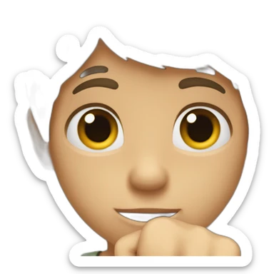 A boy keeping his fist pointed towards head just above the ears sticker