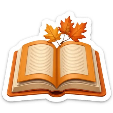 A cute 3D emoji of an open book with autumn leaves around it, cozy fall colors (orange, brown, beige), playful and modern style, glossy finish, minimalistic but expressive, symbolizing a Fall Reading Challenge. sticker