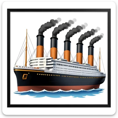3D emoji style apple, simplified shapes, cartoon-like look, glossy finish, soft shadows, white background, Titanic ship with four smokestacks, black hull, white upper decks, recognizable key features sticker