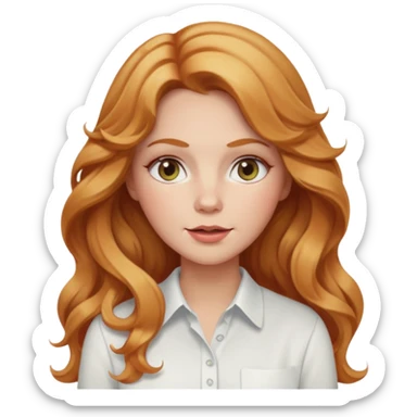 white adult woman with strawberry blonde super long wavy hair, white shirt, blushed cheeks sticker
