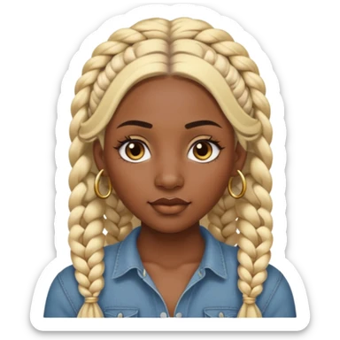 A dark-skinned woman with long blonde hair styled into two thick braids, large golden-brown eyes and arched eyebrows.  a silver eyebrow ring, a nose stud, and a lip ring. sticker