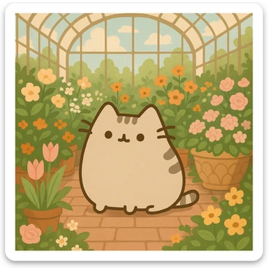 beige pusheen kitten in a botanical garden greenhouse filled with flowers sticker