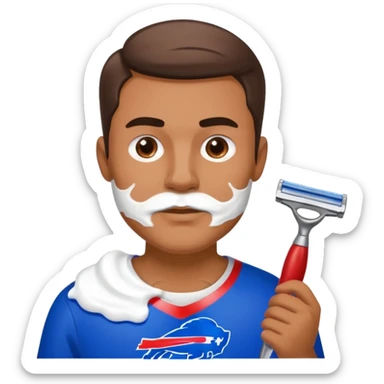 Man shaving face with razor and shaving cream with a buffalo bills shirt on sticker