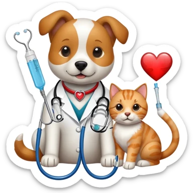 An icon featuring a stethoscope, a paw print, and a veterinary syringe, symbolizing veterinary medicine. The design includes a dog, a cat, and a heart, representing animal care, treatment, and health. Transparent background highlights the science of veterinary practice and animal welfare. sticker
