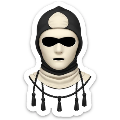 Deconstructed off-white balaclava with frayed layers, rope tassels, subtle embroidery. Studio photo, white bg, soft light. Streetwear luxury style.
 sticker