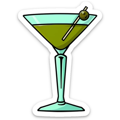 martini glass with clear liquid and an olive at the bottom skewered by a toothpick sticker