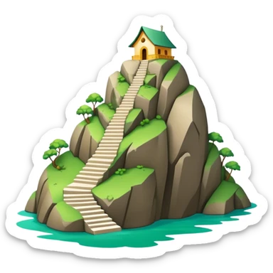 Cinematic Realistic Guatapé Rock Landmark Emoji, depicting the colossal monolithic rock with its zigzagging staircase, offering panoramic views of lush green lakes and scattered islands. sticker
