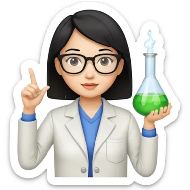 female asian chemistry teacher wearing glasses holdin a flask pointing right with straight short hair to her shoulders sticker