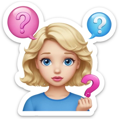 Girl Blonde short wavy hair,  blue eyes, cute blue top, long lashes, pink lips, question mark bubble sticker