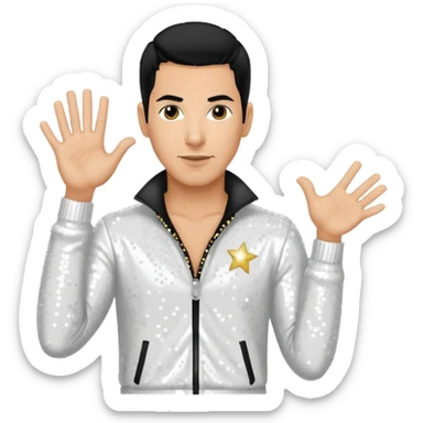 Danny Wood from NKOTB with black hair, white sequin outfit, light tan skin sticker