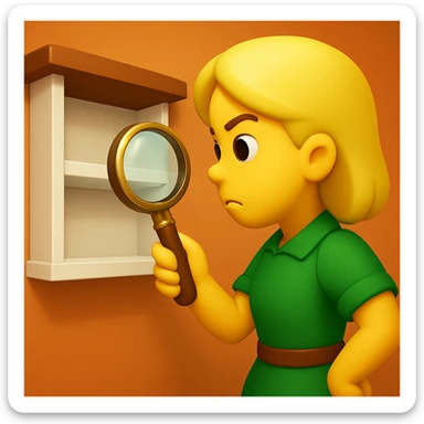 emoji of white empty shelf in perspective view with a standing woman nearby, she is looking at the shelfs with a magnifying glass, she is turned to the shelfs, emoji style, woman wearing a green dress, adjust the perspective to be more dramatic, with a different background sticker