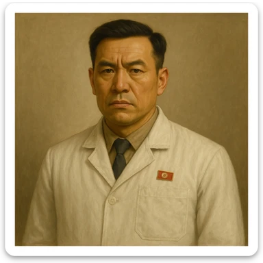 Official portrait of a North Korean man, head of the hull production workshop at a shipyard, serious and formal style, white coat, neutral background, confident and focused expression, style inspired by Soviet and North Korean official portraits, with a different face sticker