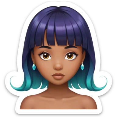 brownskin girl, beautiful girl, mermaid appearance, black straight hair with bangs above eyebrowns, nostril piercing sticker