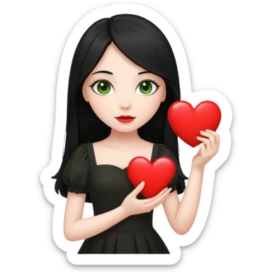 Pale girl with long black hair and olive green eyes wearing black dress and holding a heart sticker