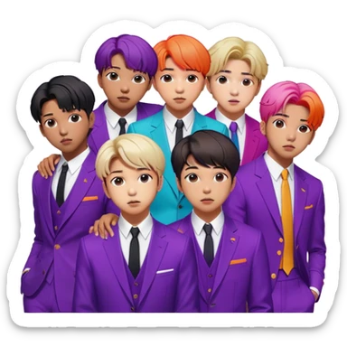 Cinematic Realistic group portrait of BTS featuring all 7 members in stylish modern attire, with detailed facial expressions and vibrant colors, captured in dynamic, contemporary lighting that emphasizes their global pop icon status sticker