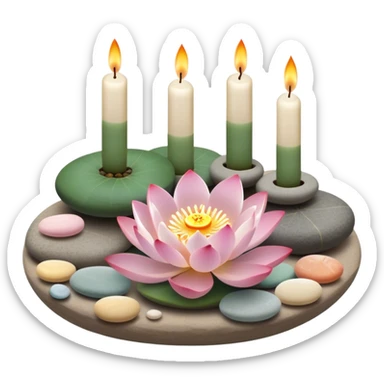 A photorealistic icon featuring lotus flowers, burning incense sticks, smooth round sea stones, and multiple small round candles arranged in a calming, tranquil setting. Soft, peaceful colors with detailed textures that evoke mindfulness and inner peace. Transparent background. sticker