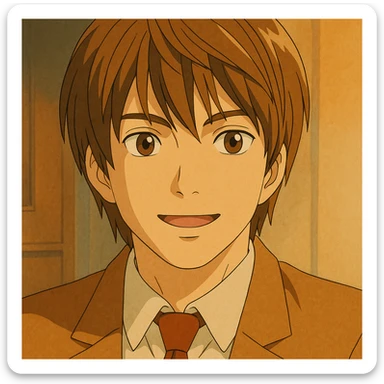Close-up of Light Yagami's face as he explains, expressive eyes, subtle smile, warm Ghibli palette sticker