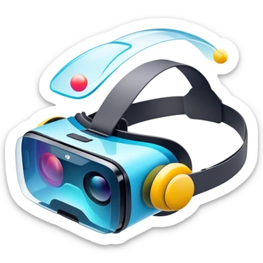 Show a VR headset or AR glasses, symbolizing the immersive experience. Include virtual objects or a 3D scene floating in the air in front of the headset. Use modern, tech-inspired colors. Do not include any emojis or smiley faces. Make the background transparent. sticker