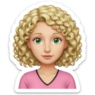 a woman in her late 40s and has greyish greenish eyes and blonde curly hair wearing a pink top  triangle nose sticker