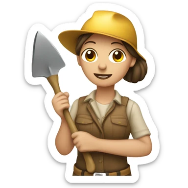 female archeologist holding a trowel and a vinyl sticker