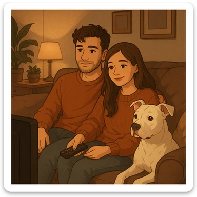 boyfriend and girlfriend sitting together watching TV with their white pitbull, cozy living room scene, warm and inviting atmosphere sticker