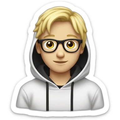 realistic thin white teenager with blond hair.  He is cross-eyed and wears black glasses.  He is also wearing a white hooded sweatshirt.  he has black eyes and a long face. Long neck sticker