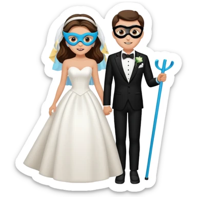 a recently marries couple skiing, masks on in wedding dress and tux sticker
