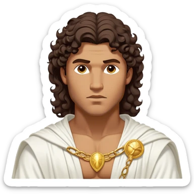 Cinematic Realistic Hercules Portrait, depicted as a classical Greek hero inspired by the Disney version yet echoing the refined proportions and serene dignity of Michelangelo's David. His idealized, sun-kissed tan skin glows with timeless strength, and his thick, curly wavy dark brownhair falls in natural, sculpted curls. Draped in a flowing white robe with delicate golden accents, his expressive eyes radiate determined nobility, all rendered under dynamic natural lighting with a mythic, radiant glow. sticker