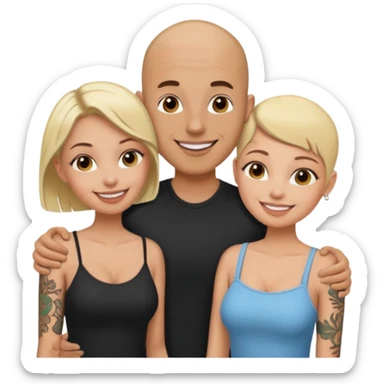 throuple tatted bald boyfriend with blonde girl friend and brunette girlfriend sticker