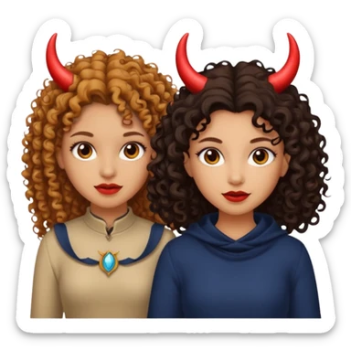 Pretty tan skinned, curly hair girl with light skin, long, dark haired girl with not devil horns sticker
