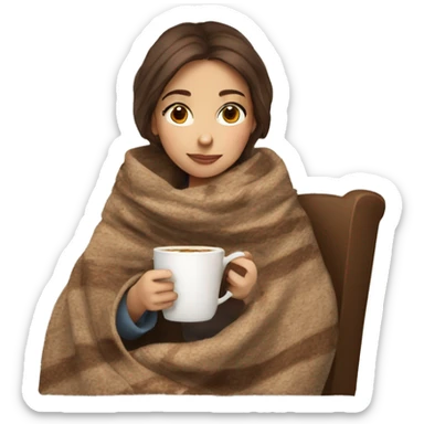 brown hair girl drinking cappuccino wrapped up with a cozy blanket sticker