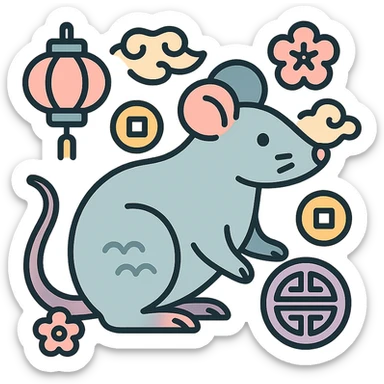 rat symbol of the year in feng shui, Chinese style, thin clean contours, soft rounded shapes, pastel palette #98B5BC, #B5B3C1, #C9A3C9, #E4C0CA, #F7DCD1, #F7C0AA, modern Japanese pop art and sticker aesthetic, detailed shadows and highlights, soft lighting, transparent background, with Chinese decor such as coins, lanterns, clouds, patterns sticker