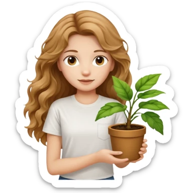 Girl with long light brown very very wavy hair and white t-shirt with plant on hand sticker
